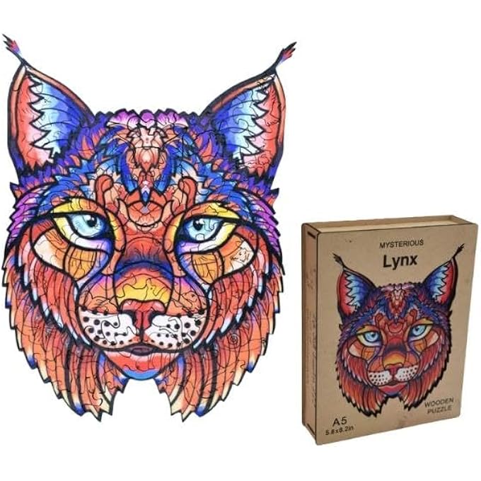 WOODEN JIGSAW PUZZLES, 3D WOODEN ANIMALS SHAPED PUZZLES, BEST GIFT FOR ADULTS AND KIDS DIY PUZZLE PIECE, COLORFUL UNIQUE SHAPED LYNX PUZZLES A5-5.8 X 8.2 IN (A5-LYNX 1) - Image 1